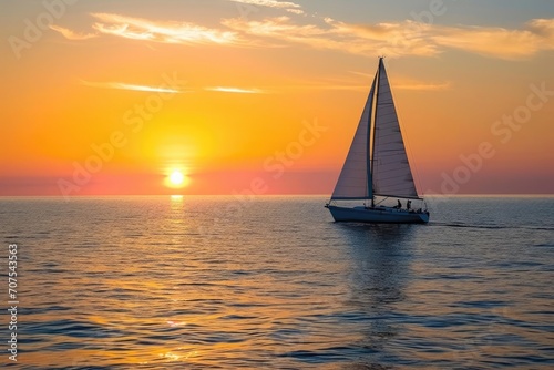 Lone sailboat navigating a sunset ocean horizon