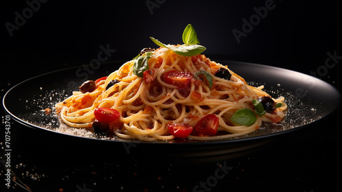 delicious spaghetti served on a black plate