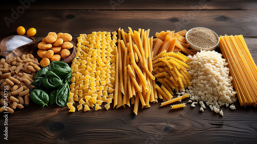 different kinds of pasta on grey wooden table photo