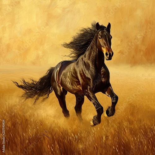 Majestic horse galloping freely across a golden field