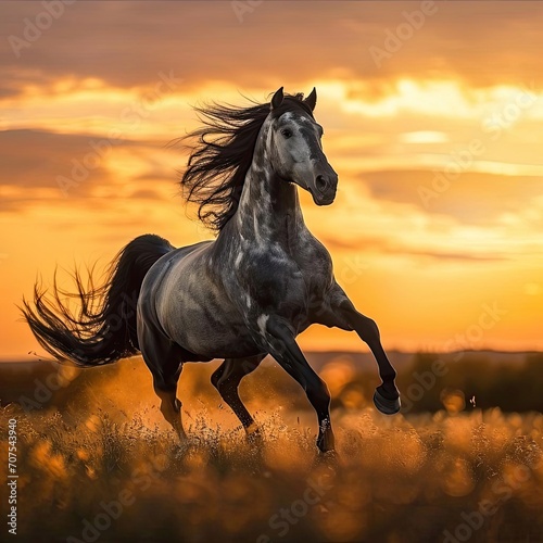 Majestic horse galloping across open fields at sunset