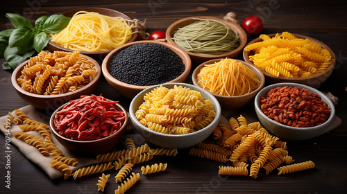 different kinds of pasta on grey wooden table
