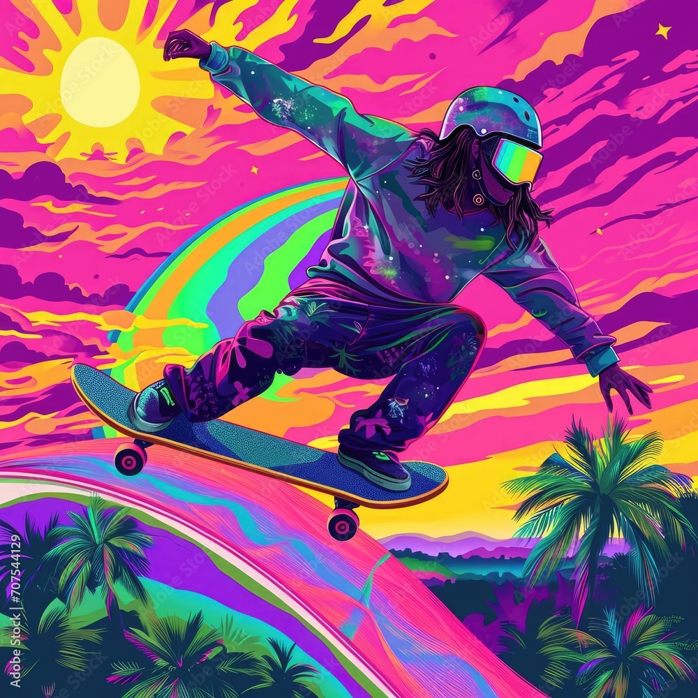 Modernized 90s retro skateboard scene with vibrant colors Modernized 90s retro skateboard scene with vibrant colors