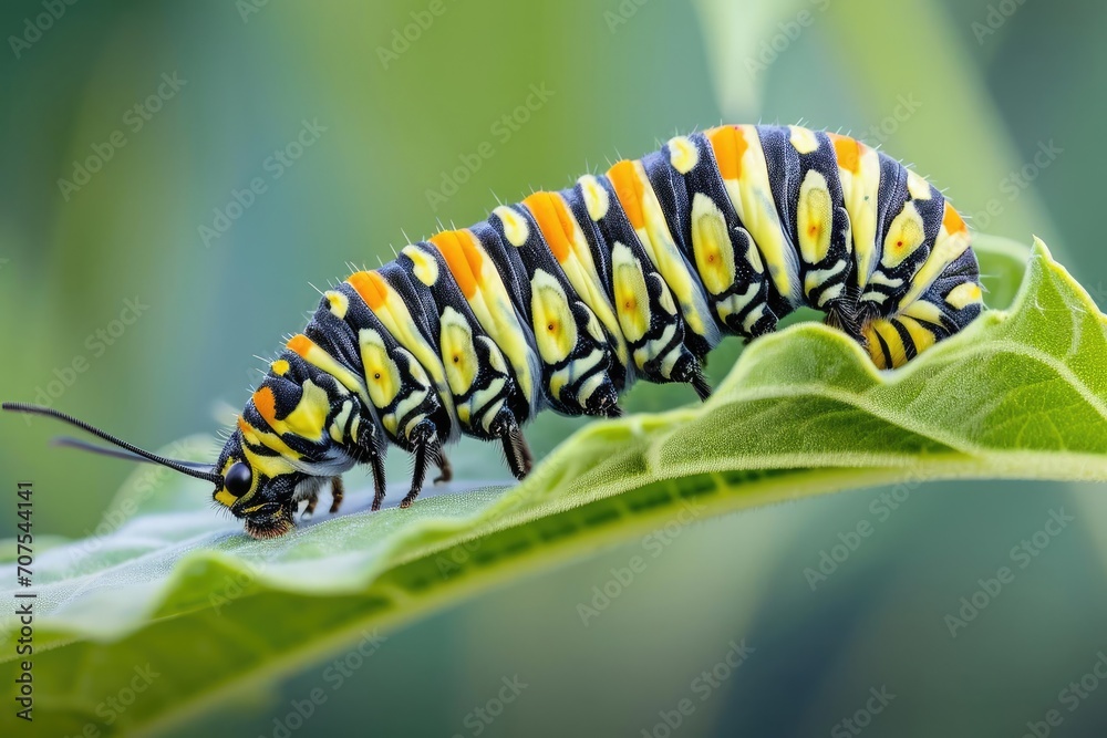 Monarch caterpillar munching on a milkweed leaf