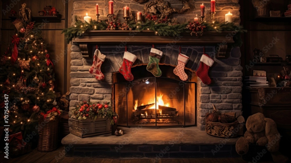 a fireplace with christmas decorations and candles