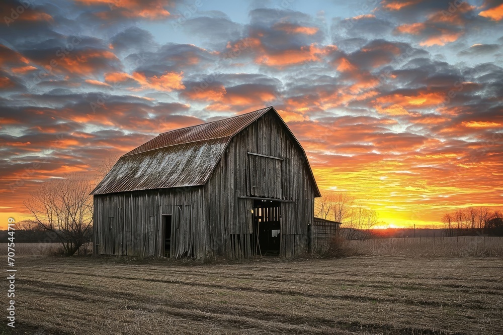 Rustic old barn set against a dramatic sunset Rustic old barn set against a dramatic sunset
