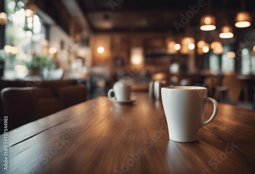 Blurred coffee shop and restaurant interior background with empty wooden table Use for products