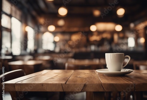 Blurred coffee shop and restaurant interior background with empty wooden table Use for products