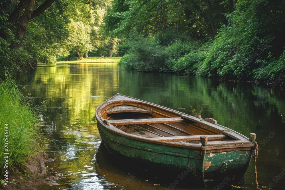 Old wooden rowboat moored on the banks of a tranquil river Old wooden rowboat moored on the banks of a tranquil river
