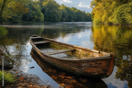 Old wooden rowboat moored on the banks of a tranquil river