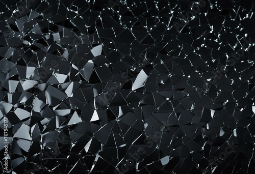 Cracked glass object on black background smashed glass texture shards of broken glass on black wall