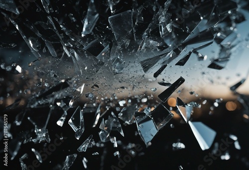 Cracked glass object on black background smashed glass texture shards of broken glass on black wall