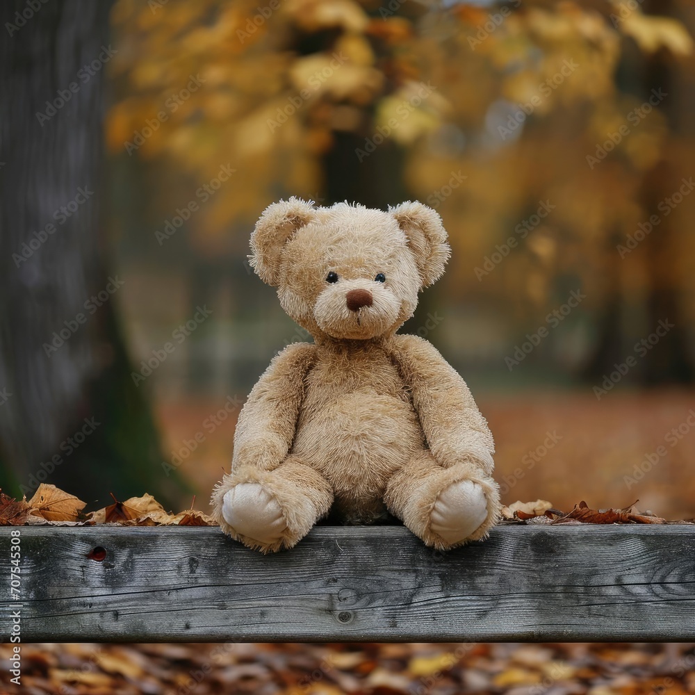 Plush teddy bear sitting on a wooden bench Plush teddy bear sitting on a wooden bench