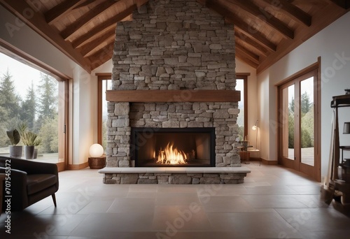Front view of a natural stone wall in a house with the fireplace in front wooden beams and floors photo