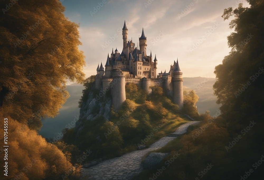 Old fairytale castle on the hill Fantasy landscape illustration - obrazy, fototapety, plakaty 