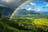 Rainbow arch over a lush green valley