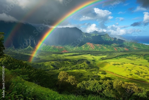 Rainbow arch over a lush green valley