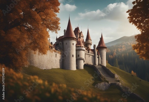 Old fairytale castle on the hill Fantasy landscape illustration