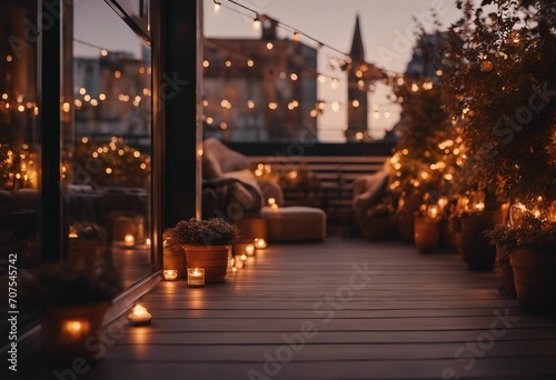View over cozy outdoor terrace with outdoor string lights Autumn evening on the roof terrace