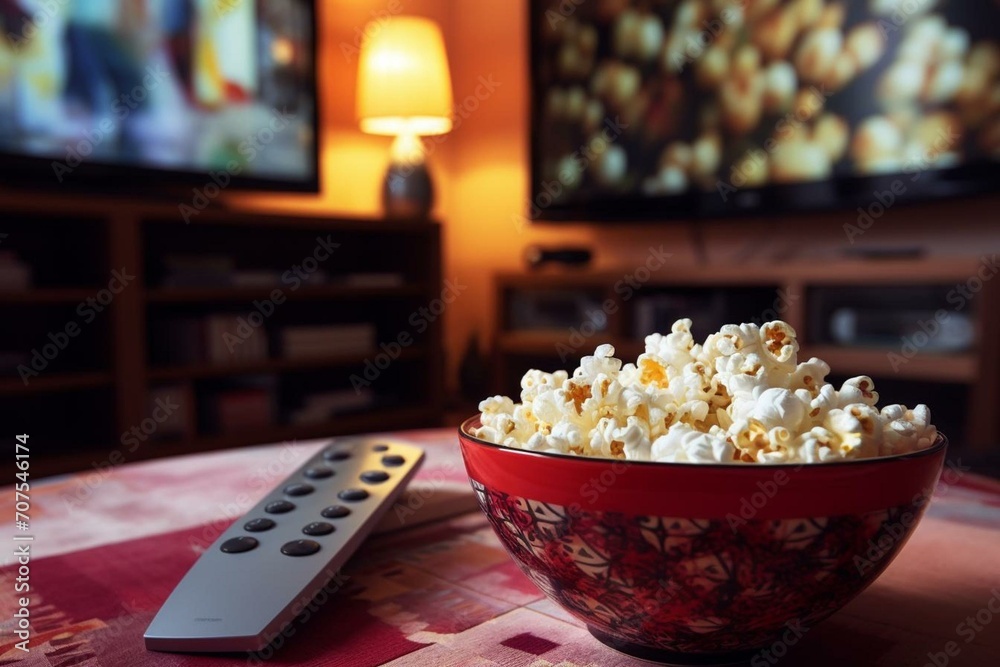 An application playing on television with a bowl of popcorn near the remote. Generative AI An application playing on television with a bowl of popcorn near the remote. Generative AI