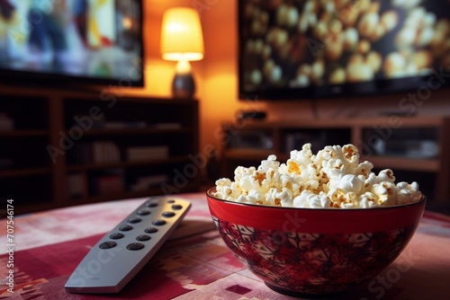 An application playing on television with a bowl of popcorn near the remote. Generative AI