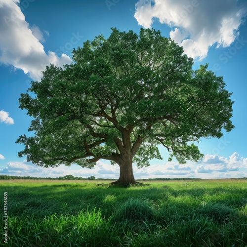 Single Ancient oak tree in a lush green meadow