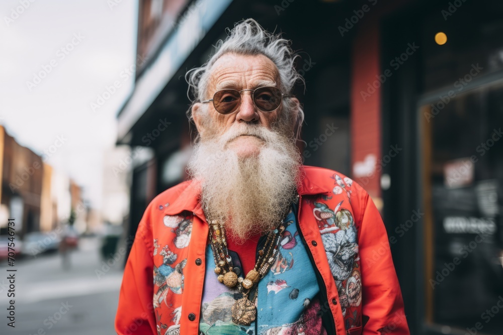 Portrait of an old man with a long beard and mustache in a red jacket on the street