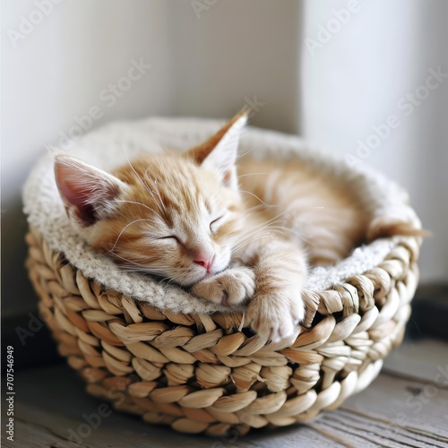 Sleepy kitten curled up in a cozy basket