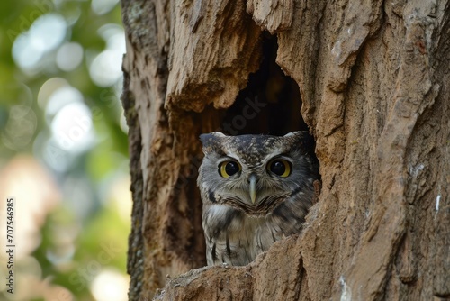 Sleepy owl peeking from a hollow tree trunk