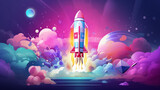 A stylized rocket launching in an abstract environs