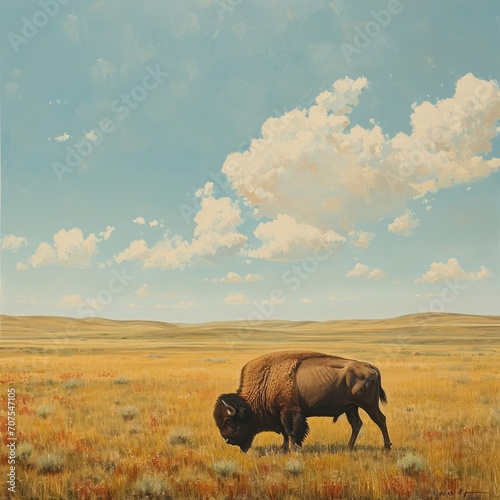 Solitary bison grazing in a vast prairie landscape