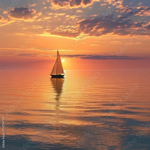Solitary boat sailing on a calm ocean at sunrise
