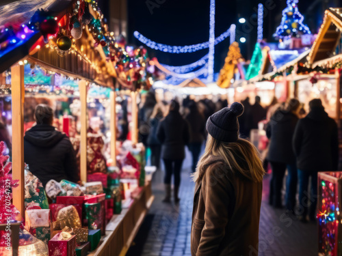 backview of woman enjoying the view of the christmas fair at night © ProArt Studios