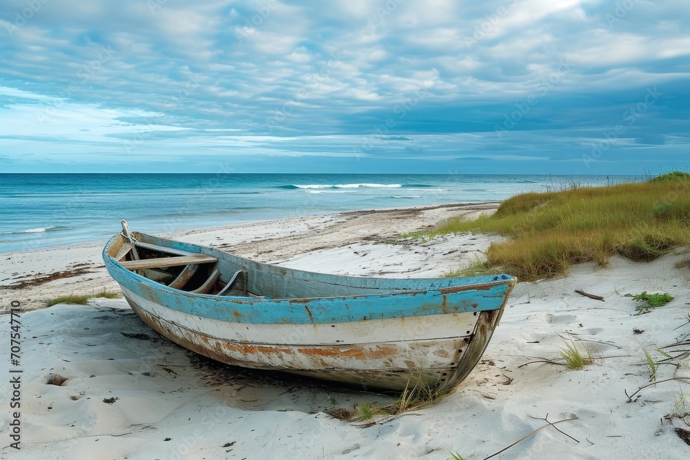 Weather-beaten rowboat resting on a tranquil beach Weather-beaten rowboat resting on a tranquil beach