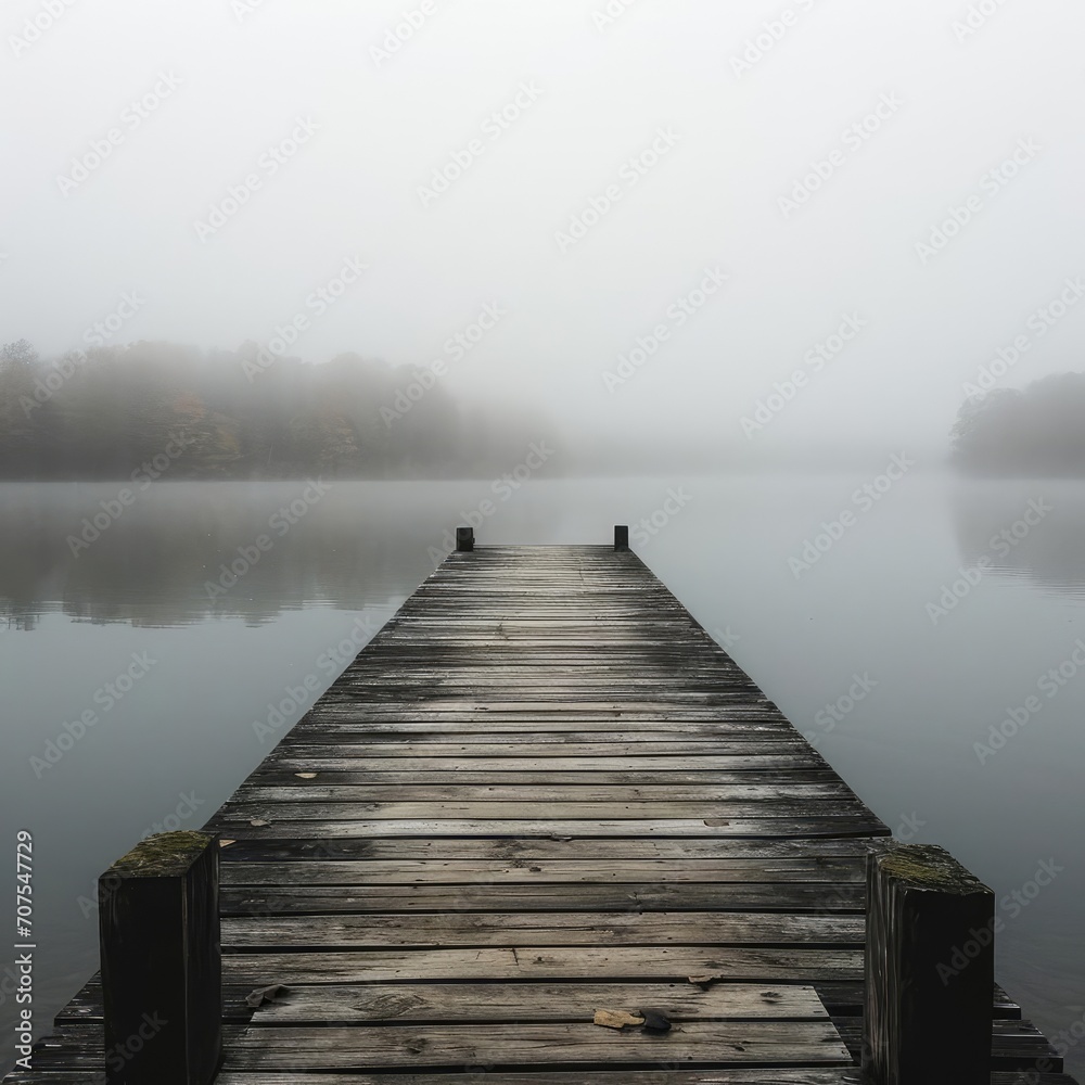 Weathered wooden dock extending into a misty lake
