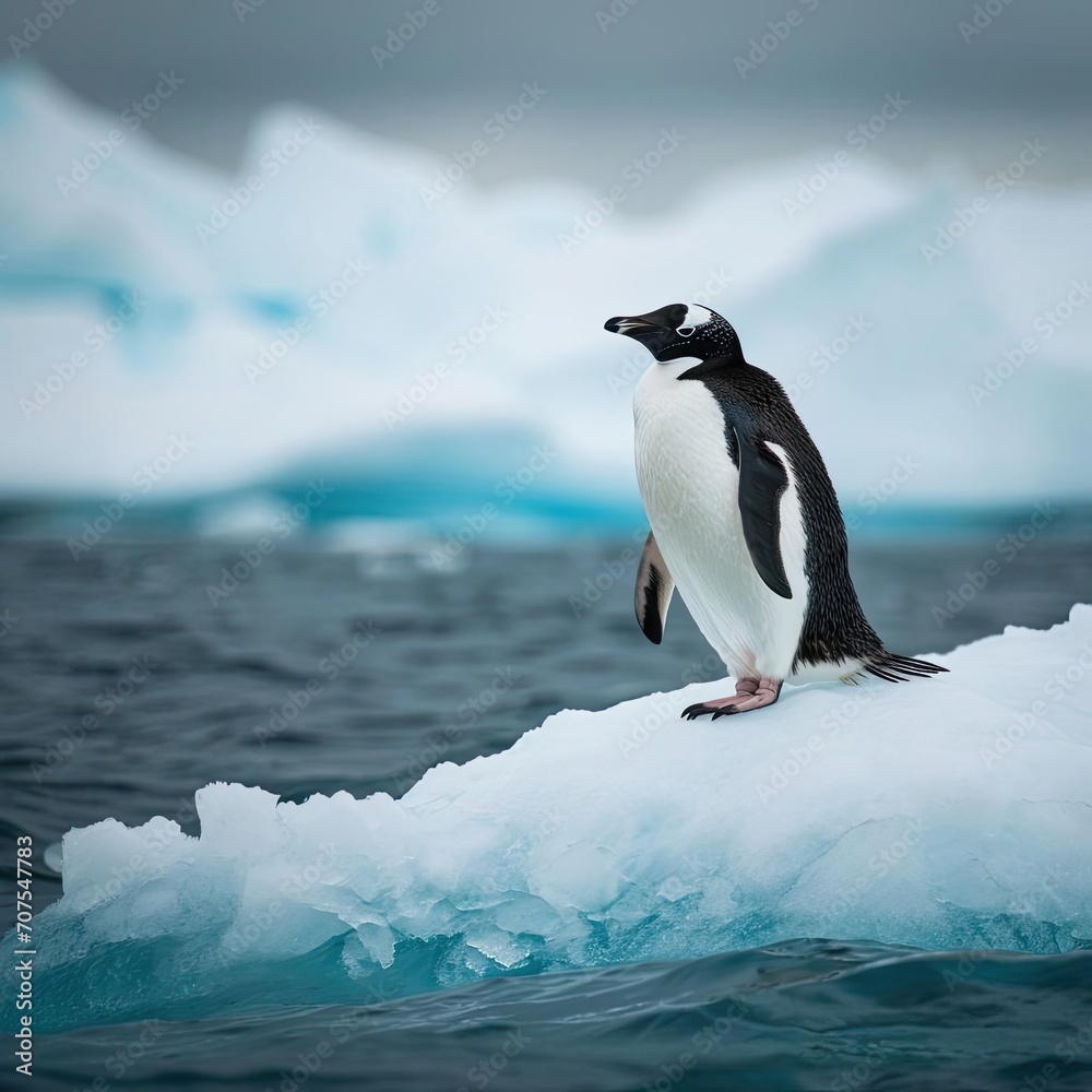 Solitary penguin standing on an iceberg in the arctic
