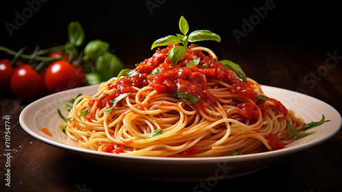 spaghetti with tomato sauce on dark background