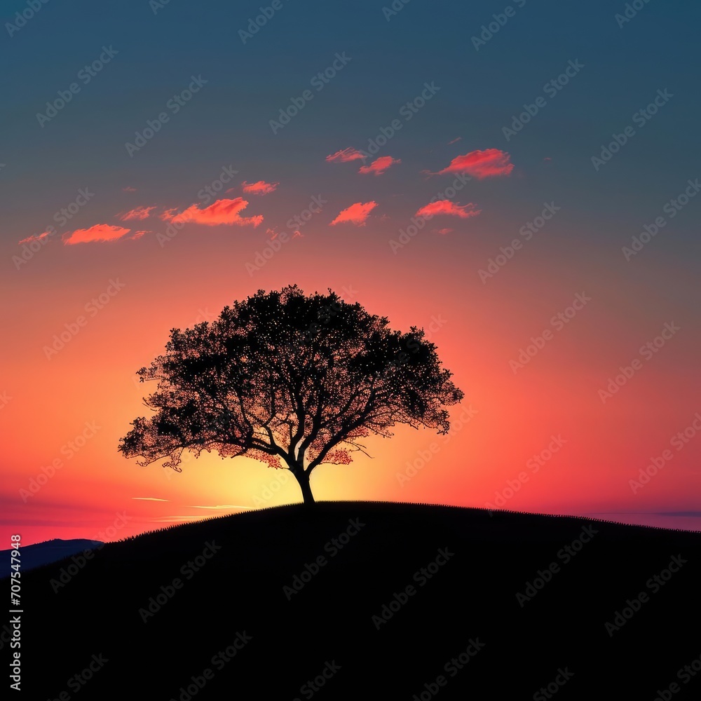 Sunset silhouette of a lone tree on a hilltop