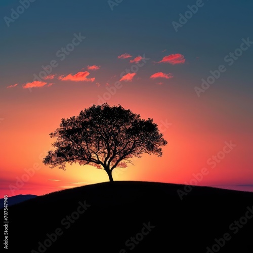 Sunset silhouette of a lone tree on a hilltop