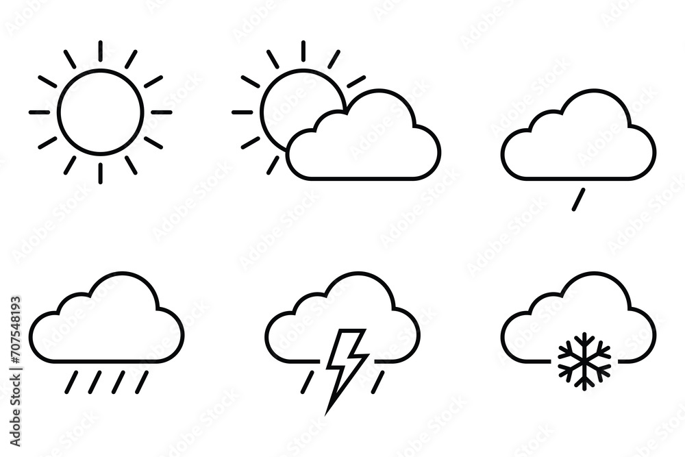 Weather forecast icon set. Cloud logo. Sun sunny day, snowflakes, snowing, wind, rain, raining. Vector thin line icon collection on white background. Weather forecast icon set. Cloud logo. Sun sunny day, snowflakes, snowing, wind, rain, raining. Vector thin line icon collection on white background.
