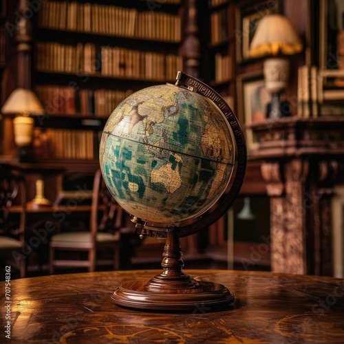 Vintage globe on a wooden stand in a library