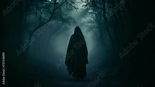 A spectral figure shrouded in a dark cloak and obscured by fog silently walking through an old forest path. photo
