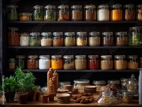 Assorted spices herbs and dry food products in glass jars on wooden shelves, with kitchen utensils and plants on a dark background. Pantry organization concept.