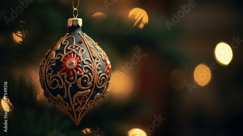 christmas ornament hanging from a tree with lights in the background