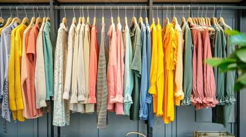 racks displaying a collection of natural clothes in refreshing colors within a retail fashion shop. © mariiaplo