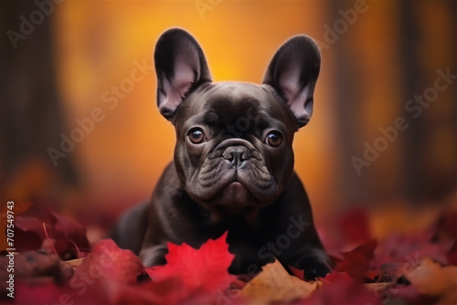 Black French Bulldog sitting on autumn leaves