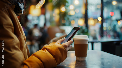 Person in a coffee shop browsing on their phone connected to Wi-Fi
