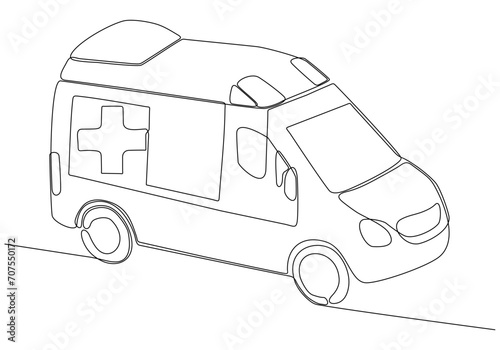 Single line drawing of hospital ambulance vehicle to save critical patient. 911 isolated minimalist concept. Dynamic one line drawing graphic design vector illustration on white background