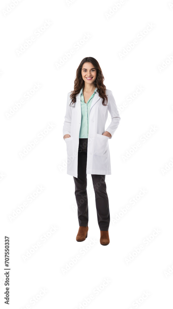 Lone female doctor standing happily smiling on PNG transparent background Lone female doctor standing happily smiling on PNG transparent background