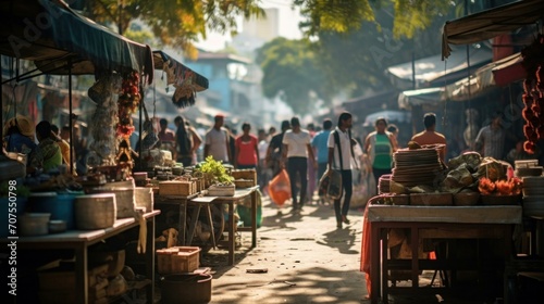 A vibrant street market filled with colorful stalls